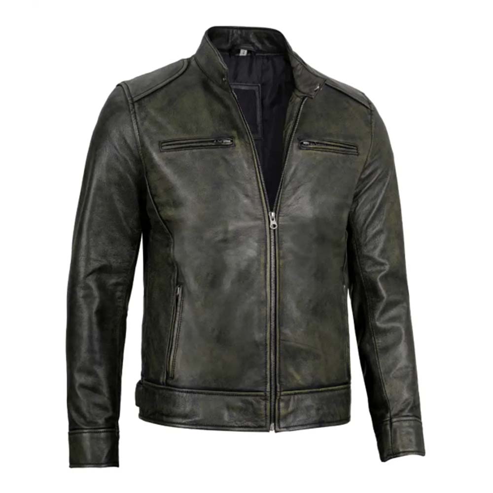 Classic men's Dodge black leather jacket with racer style in American Style