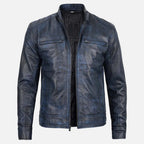 Stylish Dodge-inspired blue cafe racer leather jacket for men in American Market