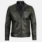 Men's waxed leather racer jacket in sleek black in USA