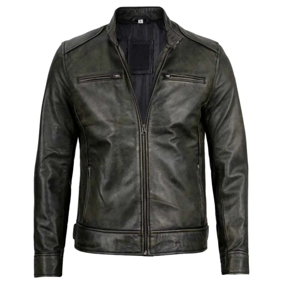 Men's waxed leather racer jacket in sleek black in USA