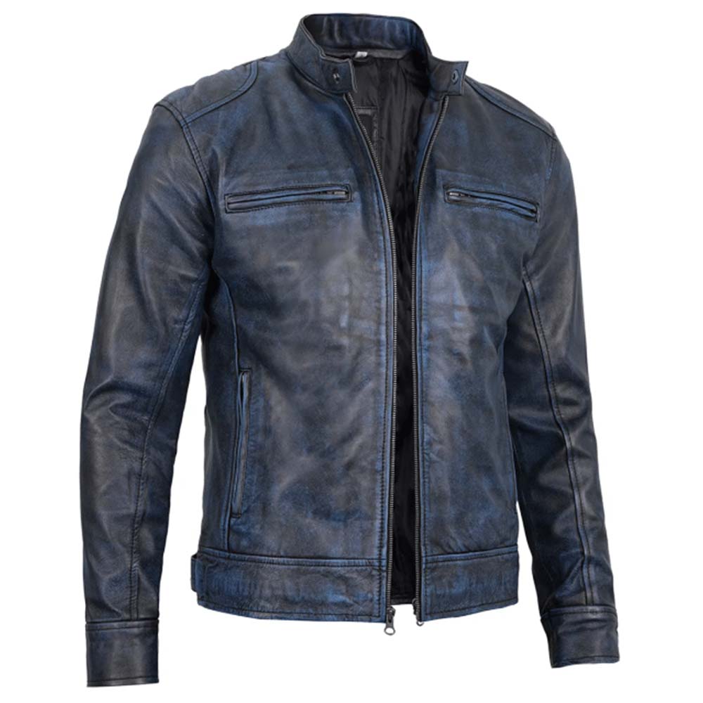 Men's Dodge blue waxed cafe racer leather jacket in USA 