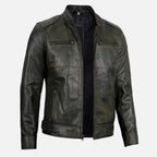 Stylish black waxed leather racer jacket for men in American Market