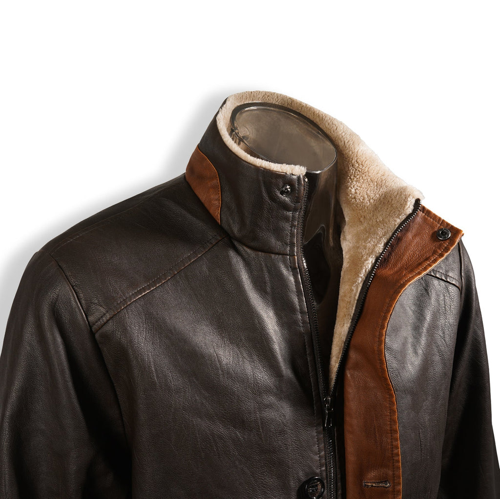 Men's Brown Leather Coat with Double Stand Collar in United State Market