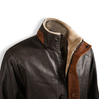 Men's Brown Leather Coat with Double Stand Collar in United State Market