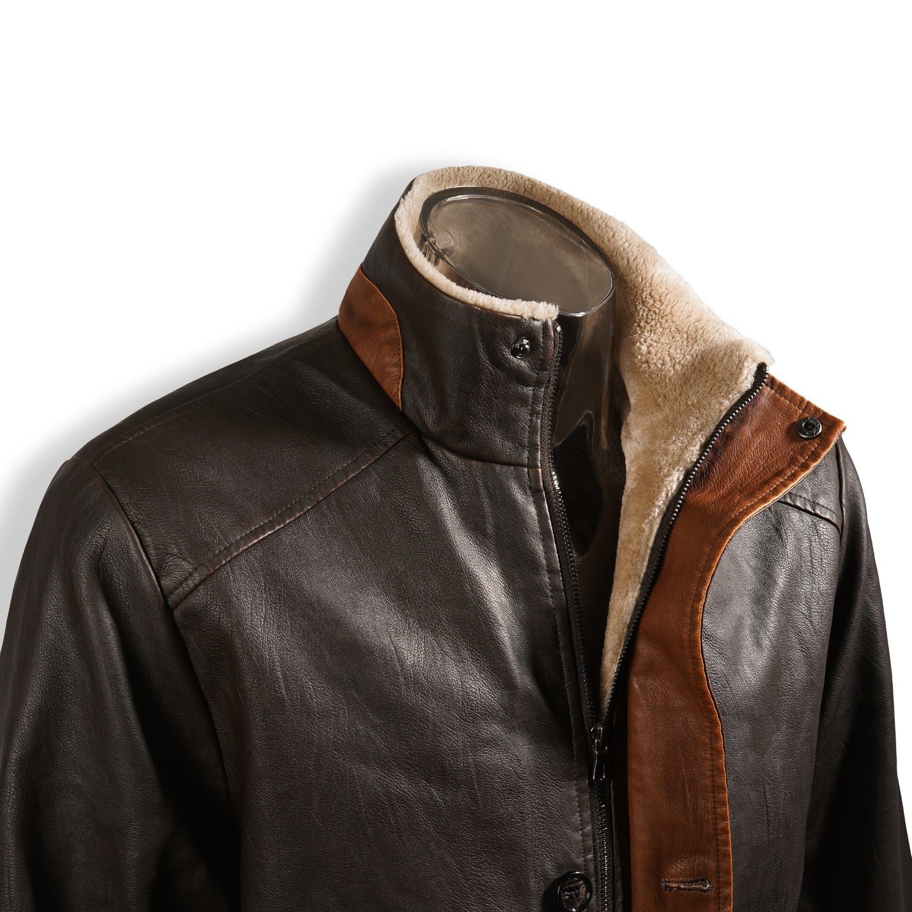Men's Brown Leather Coat with Double Stand Collar in United State Market