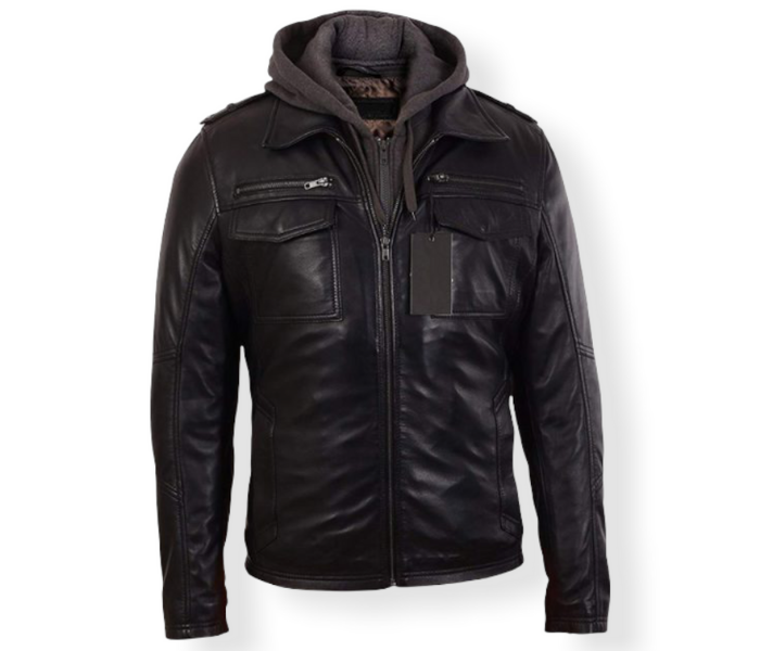 Men's Hooded Black Genuine Leather Bomber Jacket