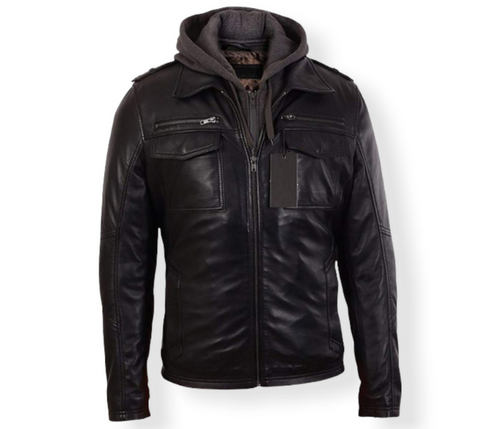 Men's Hooded Black Genuine Leather Bomber Jacket