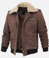 Brown Suede Leather Jacket with Shearling Collar and Military-Style Patches in USA