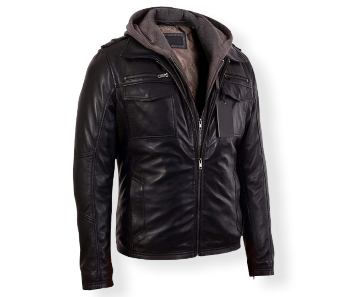 Men's Hooded Black Genuine Leather Bomber Jacket