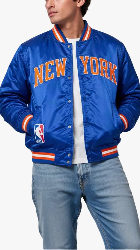 Anthony Ramos inspired New York basketball varsity jacket with sporty streetwear styling