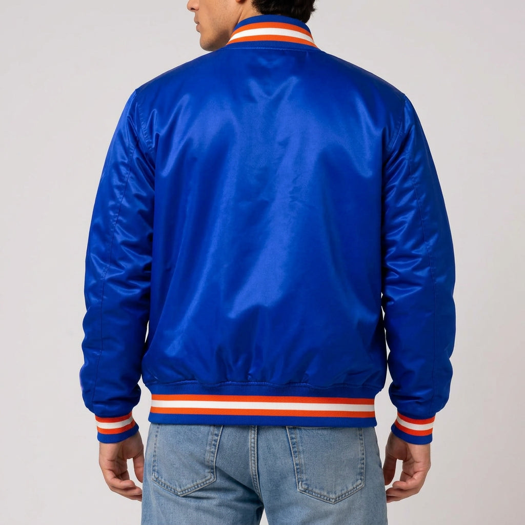 Anthony Ramos inspired New York basketball varsity jacket with sporty streetwear styling