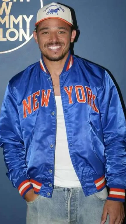 Anthony Ramos inspired New York basketball varsity jacket with sporty streetwear styling