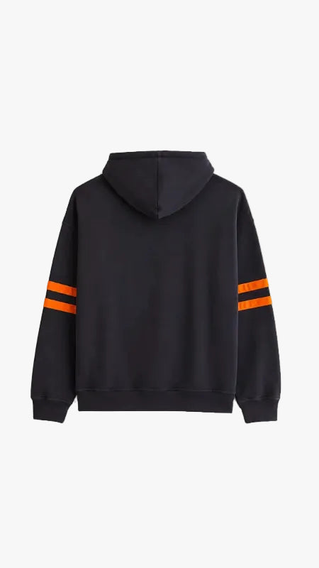 A black pullover hoodie shown from the back, featuring two bright orange stripes on each sleeve, displayed against a solid white background.