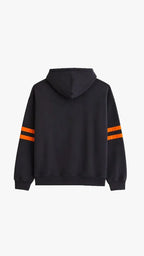 A black pullover hoodie shown from the back, featuring two bright orange stripes on each sleeve, displayed against a solid white background.