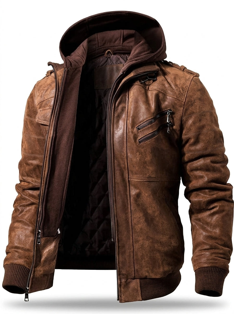 Men’s Motorcycle Jacket with Removable Hood – Leather Biker Jacket