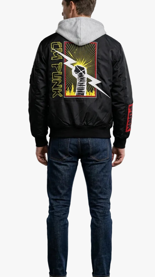 Black hooded jacket with a white hood lining, featuring a large graphic print on the back with a lightning bolt, skull, and flames, and 'PUNK' text on the sleeves.