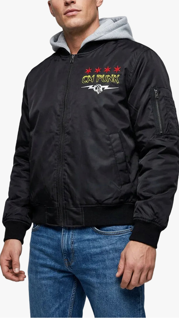 A black hooded bomber jacket with a gray hood lining, featuring a yellow and red 'Crazy Dog' graphic on the left chest, displayed against a plain white background.