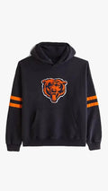 A black pullover hoodie featuring the Chicago Bears logo in orange and white on the chest, with orange and black stripes on the sleeves, shown against a plain white background.