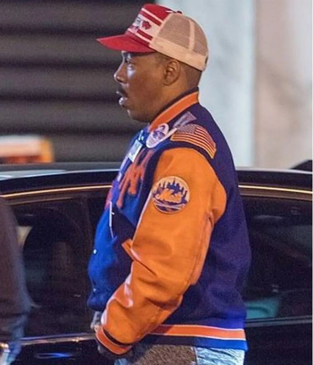 Eddie Murphy Prince Akeem Inspired Blue & Orange Varsity Jacket