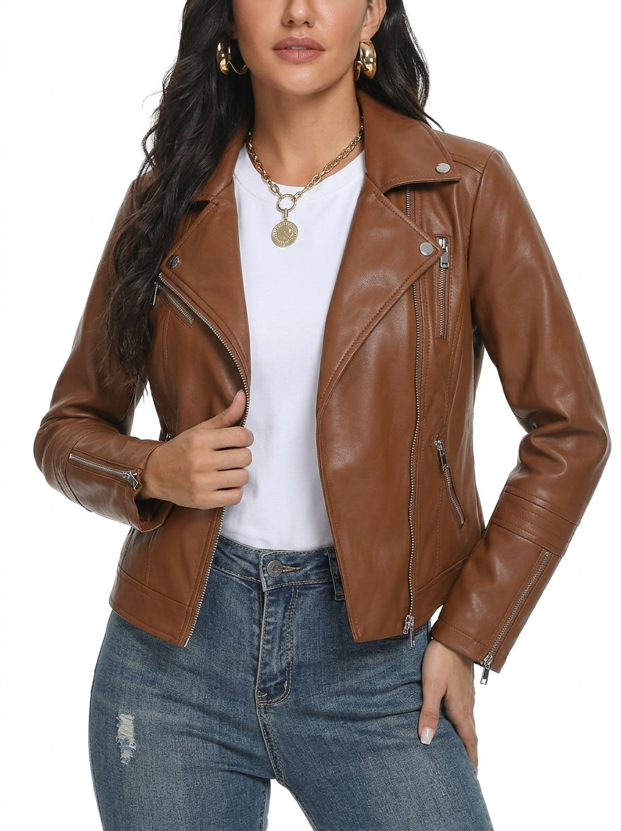Shop Women's Faux Leather Moto Jacket with Lapel Collar
