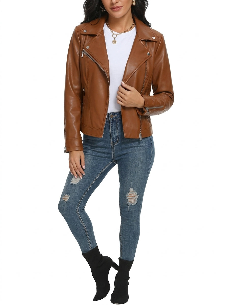 Shop Women's Faux Leather Moto Jacket with Lapel Collar