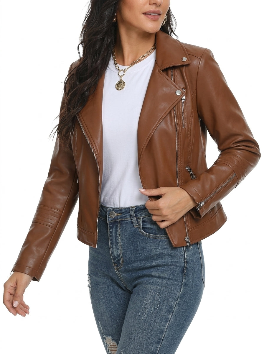 Shop Women's Faux Leather Moto Jacket with Lapel Collar