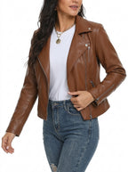 Shop Women's Faux Leather Moto Jacket with Lapel Collar