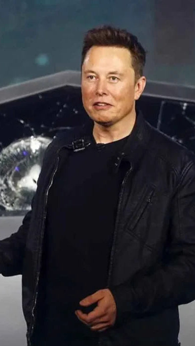 Elon Musk event inspired black leather jacket with belted collar and front zipper closure