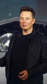 Elon Musk event inspired black leather jacket with belted collar and front zipper closure