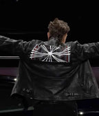 Elon Musk event inspired black leather jacket with belted collar and front zipper closure