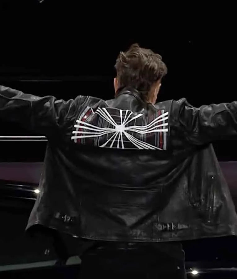 Elon Musk event inspired black leather jacket with belted collar and front zipper closure
