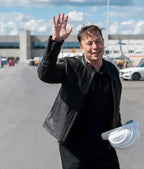 Elon Musk event inspired black leather jacket with belted collar and front zipper closure