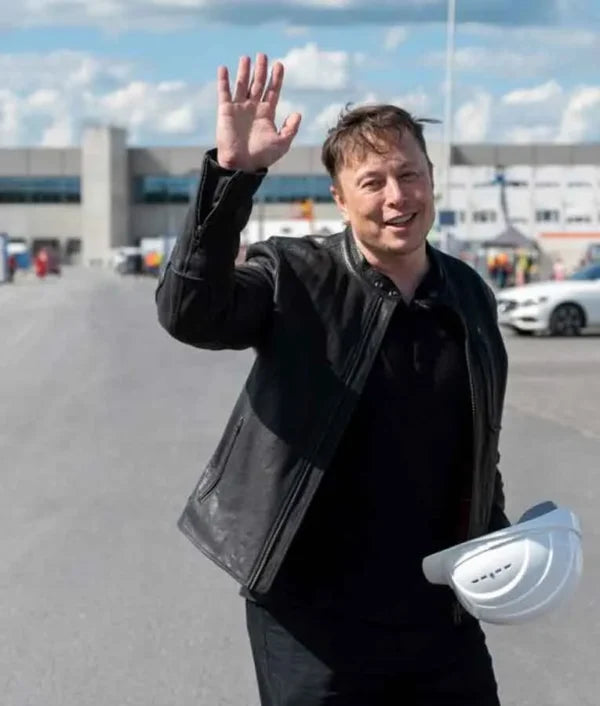Elon Musk event inspired black leather jacket with belted collar and front zipper closure