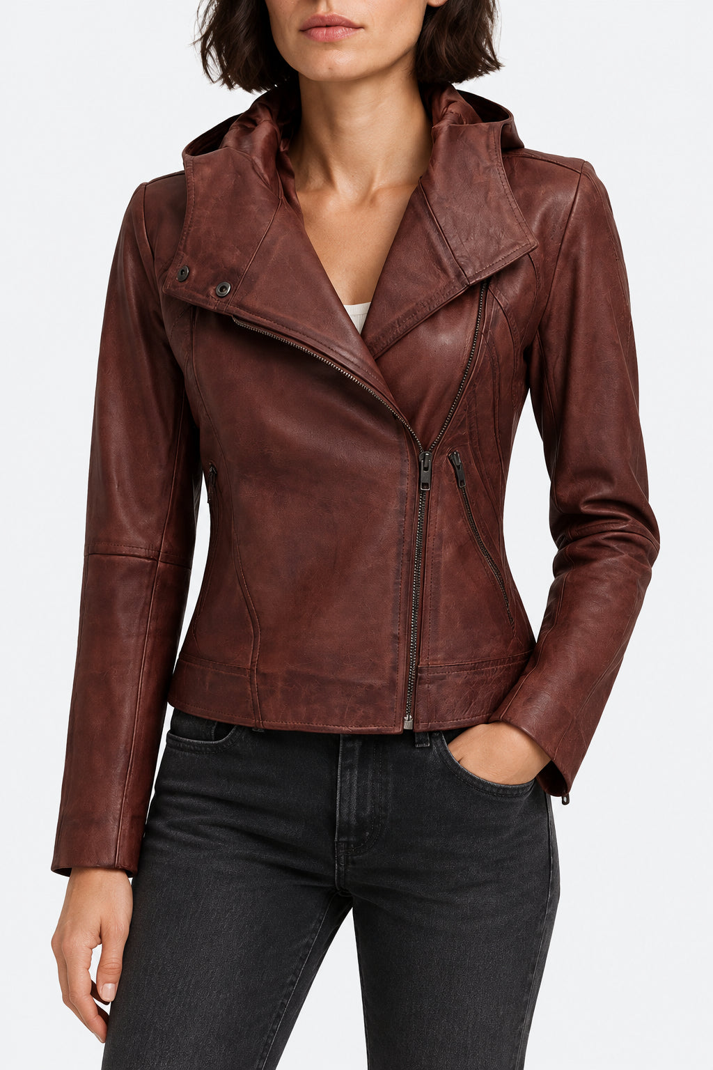 Hooded Hazel Hiker's Hemline leather jacket