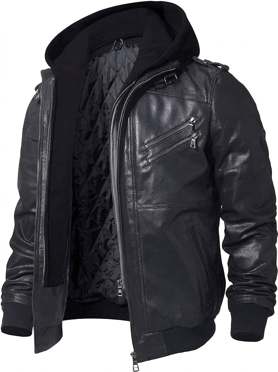 Men’s Motorcycle Jacket with Removable Hood – Leather Biker Jacket
