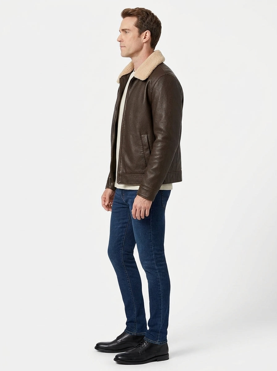 Shop Men's Faux Leather Aviator Bomber Jacket with Sherpa Collar