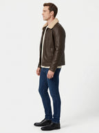 Shop Men's Faux Leather Aviator Bomber Jacket with Sherpa Collar