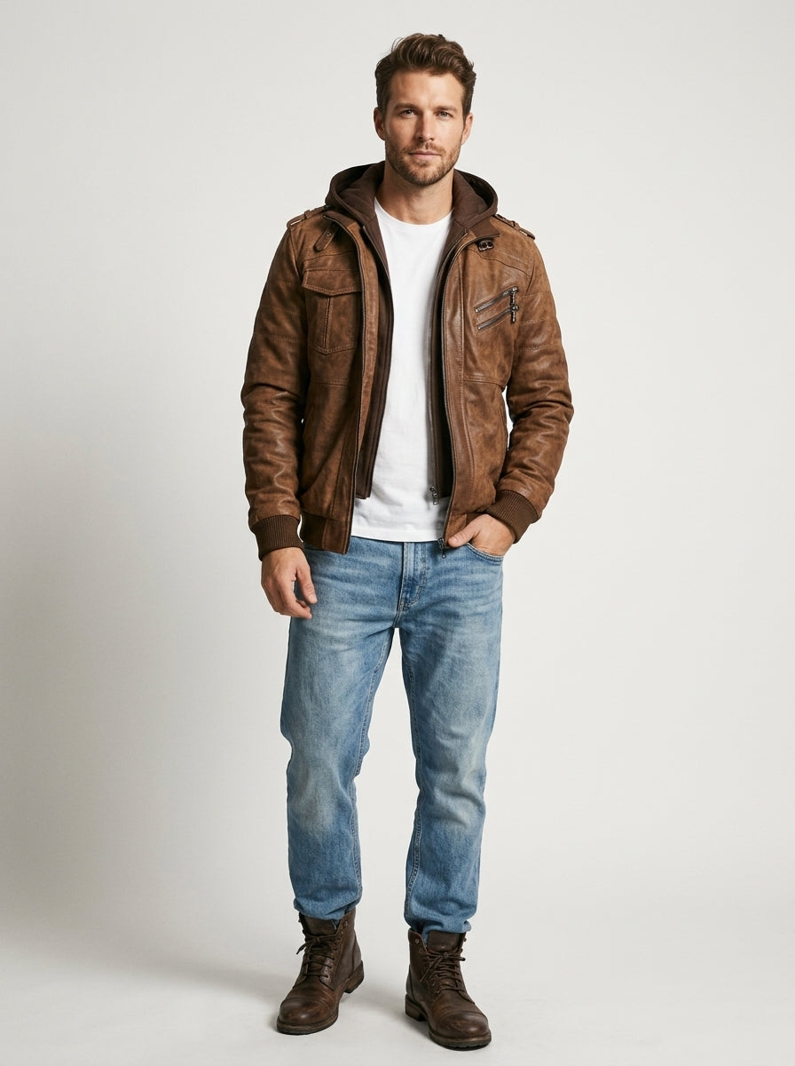 Men’s Motorcycle Jacket with Removable Hood – Leather Biker Jacket