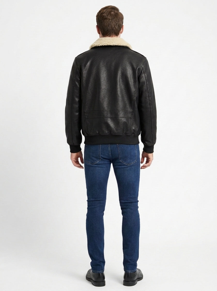 Shop Men's Faux Leather Aviator Bomber Jacket with Sherpa Collar