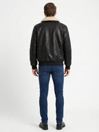 Shop Men's Faux Leather Aviator Bomber Jacket with Sherpa Collar