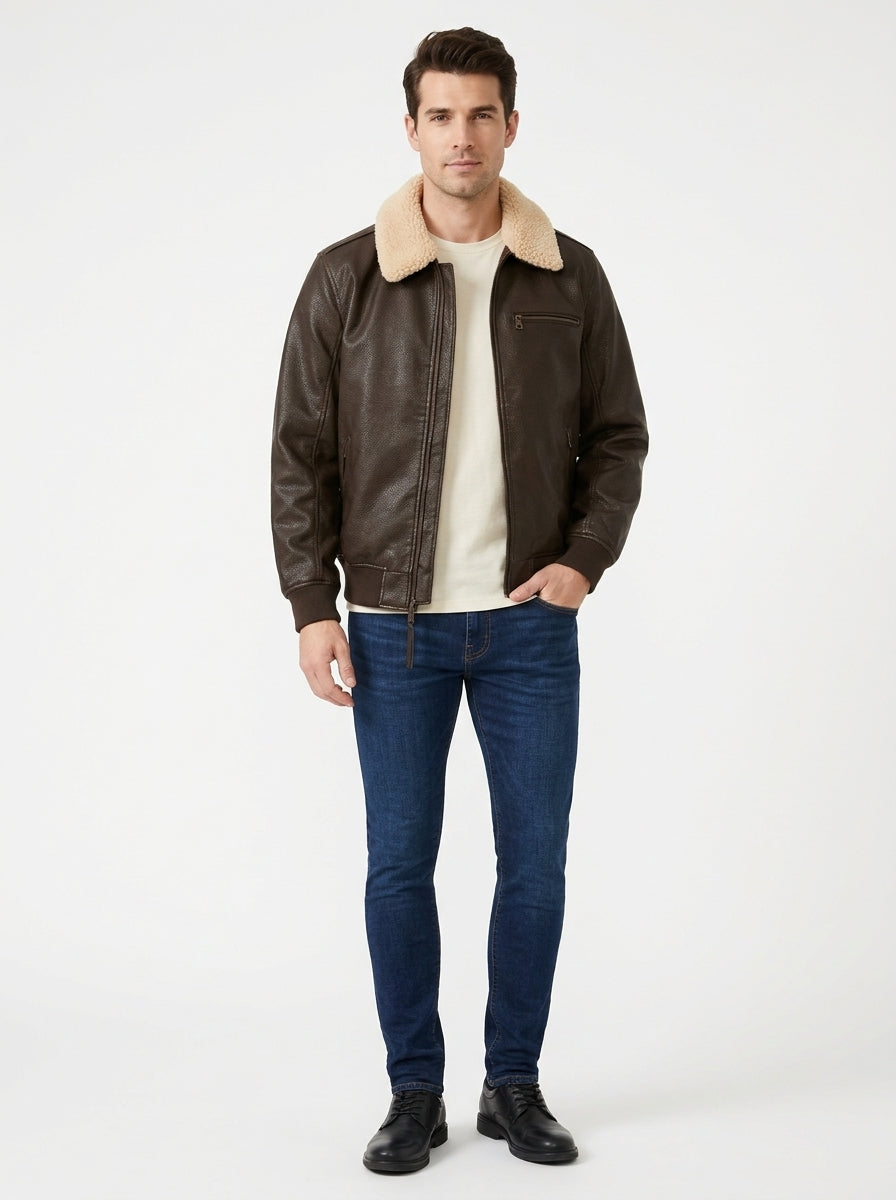 Shop Men's Faux Leather Aviator Bomber Jacket with Sherpa Collar