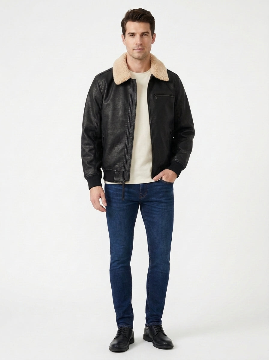 Shop Men's Faux Leather Aviator Bomber Jacket with Sherpa Collar