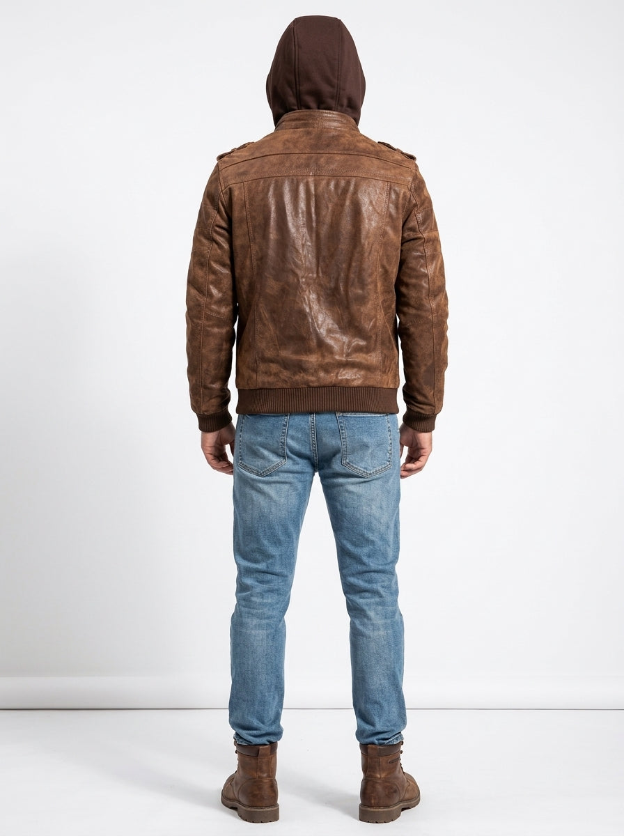 Men’s Motorcycle Jacket with Removable Hood – Leather Biker Jacket