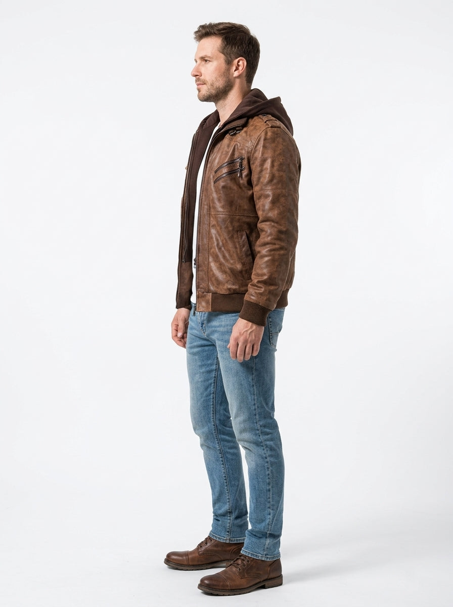 Men’s Motorcycle Jacket with Removable Hood – Leather Biker Jacket