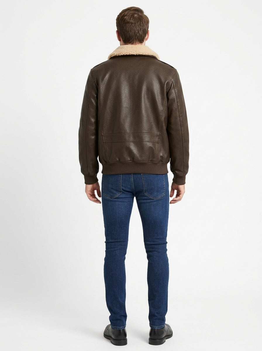 Shop Men's Faux Leather Aviator Bomber Jacket with Sherpa Collar