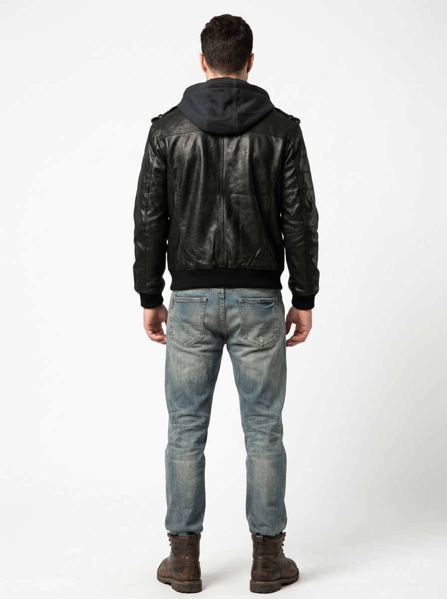 Men’s Motorcycle Jacket with Removable Hood – Leather Biker Jacket