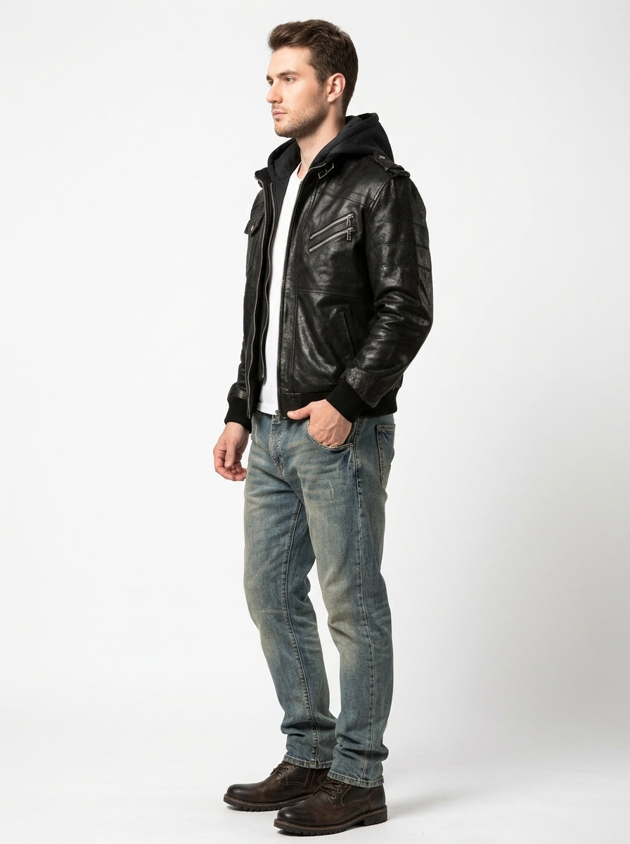 Men’s Motorcycle Jacket with Removable Hood – Leather Biker Jacket