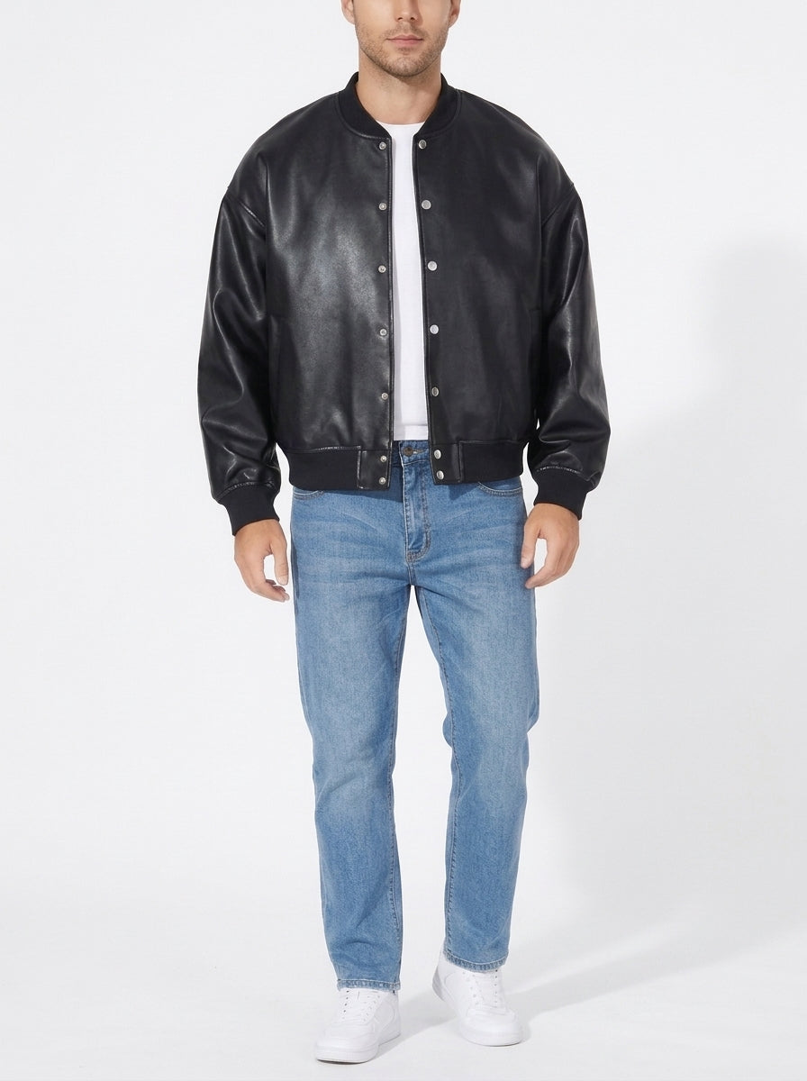 Men’s Oversized Genuine Leather Bomber Jacket – Real Leather Varsity Coat