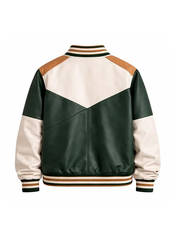 Men's Green Varsity Genuine Leather Bomber Jacket