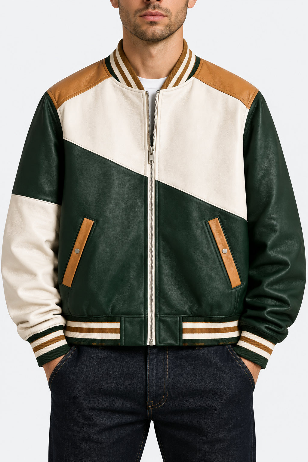 Men's Green Varsity Genuine Leather Bomber Jacket
